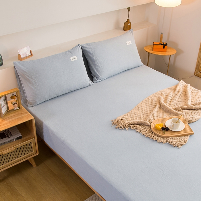 91家纺网 家纺一手货源 找家纺 柠萌家居 2023新款全棉色织水洗棉单床笠 浅水蓝