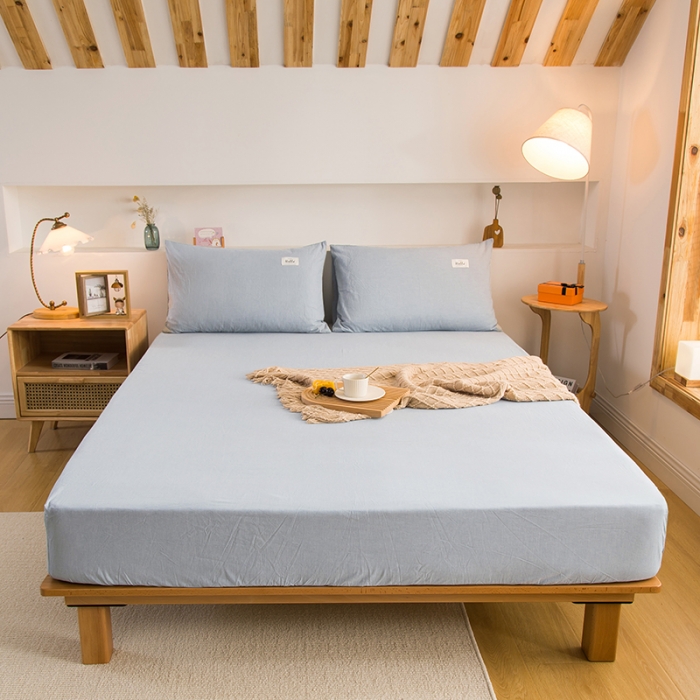 91家纺网 家纺一手货源 找家纺 柠萌家居 2023新款全棉色织水洗棉单床笠 浅水蓝