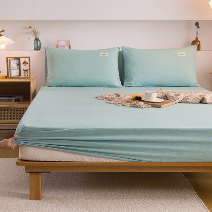 91家纺网 家纺一手货源 找家纺 柠萌家居 2023新款全棉色织水洗棉单床笠 浅绿