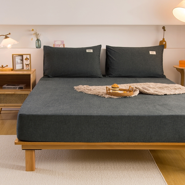 91家纺网 家纺一手货源 找家纺 柠萌家居 2023新款全棉色织水洗棉单床笠 深灰