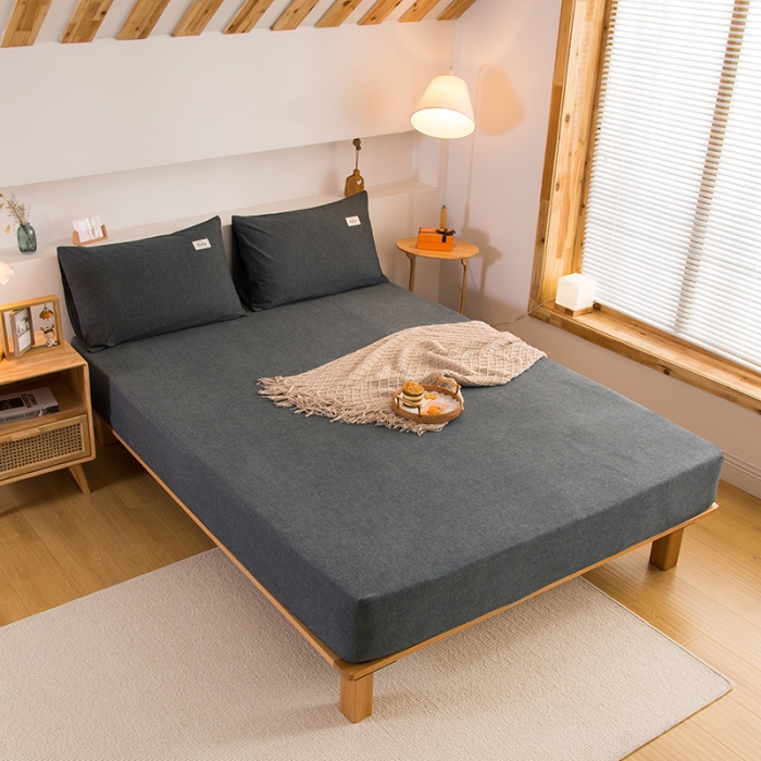 91家纺网 家纺一手货源 找家纺 柠萌家居 2023新款全棉色织水洗棉单床笠 深灰