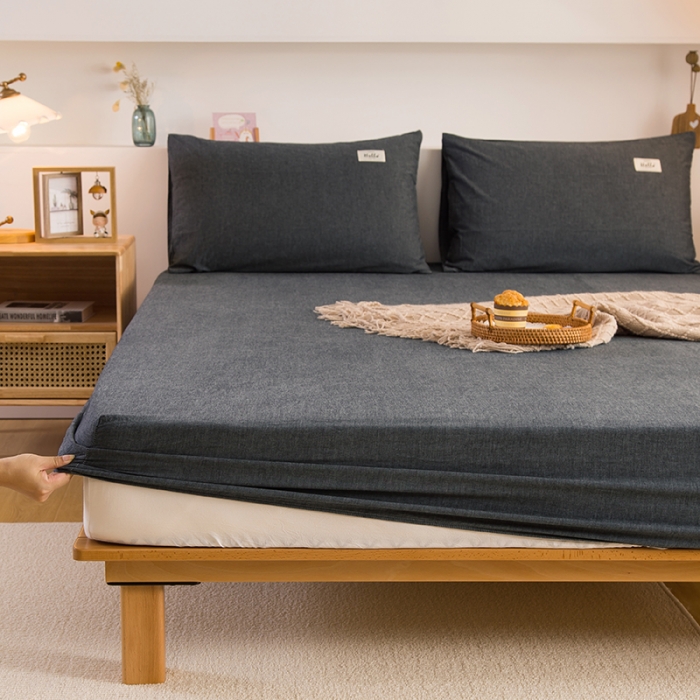 91家纺网 家纺一手货源 找家纺 柠萌家居 2023新款全棉色织水洗棉单床笠 深灰