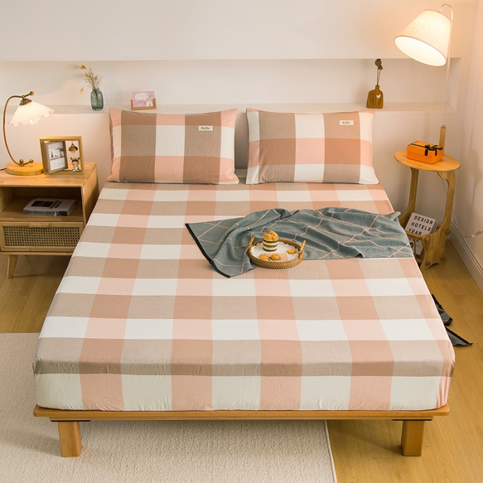 91家纺网 家纺一手货源 找家纺 柠萌家居 2023新款全棉色织水洗棉单床笠 玉大格