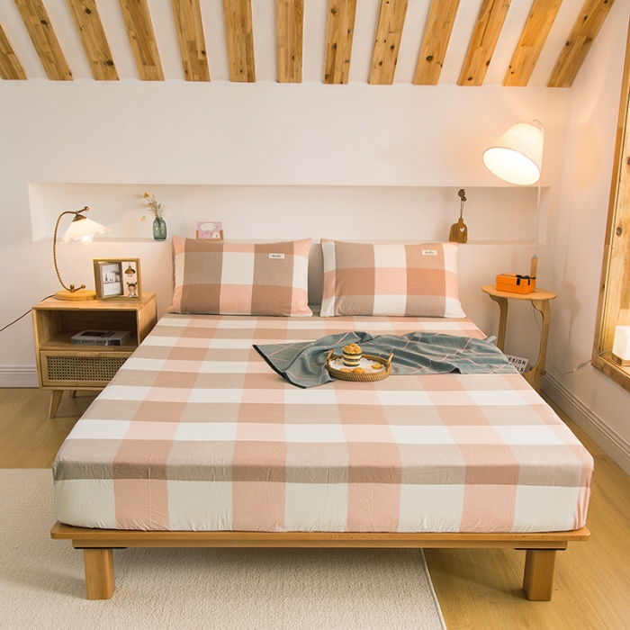 91家纺网 家纺一手货源 找家纺 柠萌家居 2023新款全棉色织水洗棉单床笠 玉大格