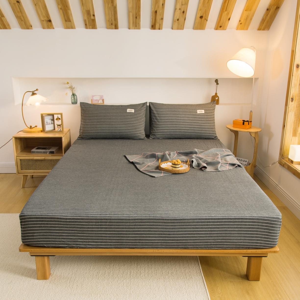 91家纺网 家纺一手货源 找家纺 柠萌家居 2023新款全棉色织水洗棉单床笠 中条纹深灰