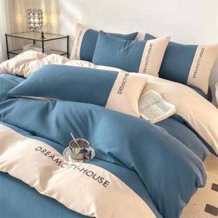 91家纺网 家纺一手货源 找家纺 盛秋家纺 2025新款思雅系列水洗磨毛双拼刺绣四件套 思雅-宾利蓝+梧桐杏