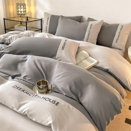 91家纺网 家纺一手货源 找家纺 盛秋家纺 2025新款思雅系列水洗磨毛双拼刺绣四件套 思雅-中灰+山灰