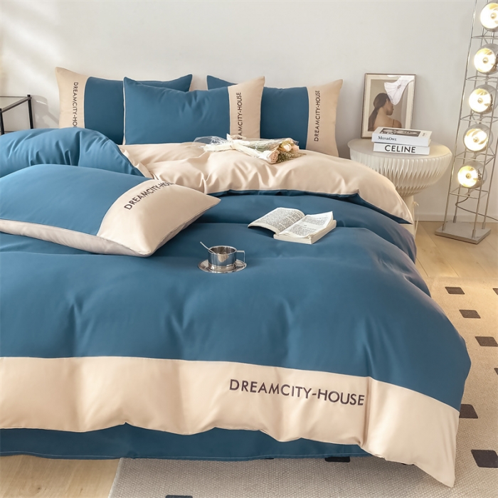 91家纺网 家纺一手货源 找家纺 盛秋家纺 2025新款思雅系列水洗磨毛双拼刺绣四件套 思雅-宾利蓝+梧桐杏