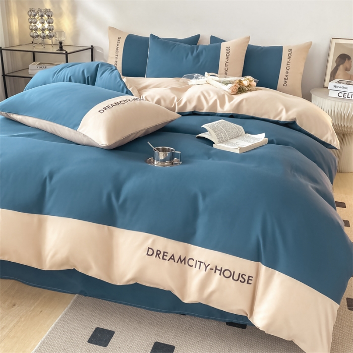 91家纺网 家纺一手货源 找家纺 盛秋家纺 2025新款思雅系列水洗磨毛双拼刺绣四件套 思雅-宾利蓝+梧桐杏