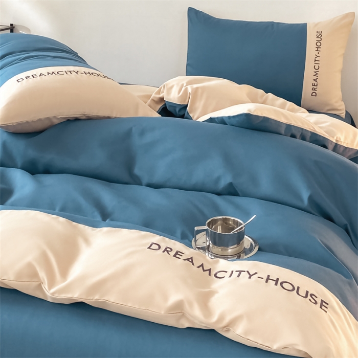 91家纺网 家纺一手货源 找家纺 盛秋家纺 2025新款思雅系列水洗磨毛双拼刺绣四件套 思雅-宾利蓝+梧桐杏