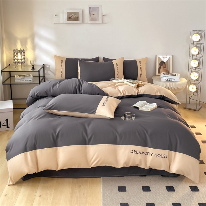 91家纺网 家纺一手货源 找家纺 盛秋家纺 2025新款思雅系列水洗磨毛双拼刺绣四件套 思雅-高级灰+奶茶