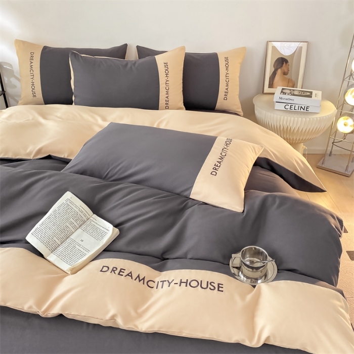 91家纺网 家纺一手货源 找家纺 盛秋家纺 2025新款思雅系列水洗磨毛双拼刺绣四件套 思雅-高级灰+奶茶