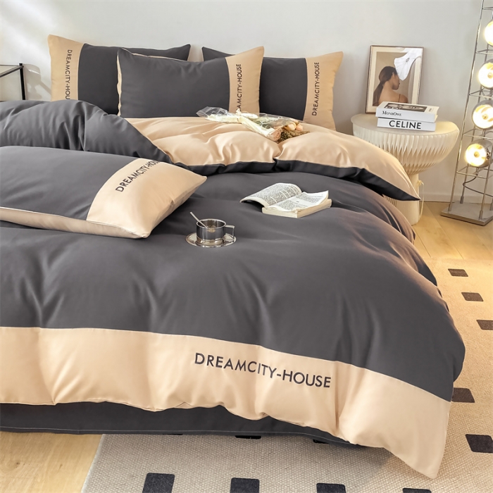 91家纺网 家纺一手货源 找家纺 盛秋家纺 2025新款思雅系列水洗磨毛双拼刺绣四件套 思雅-高级灰+奶茶