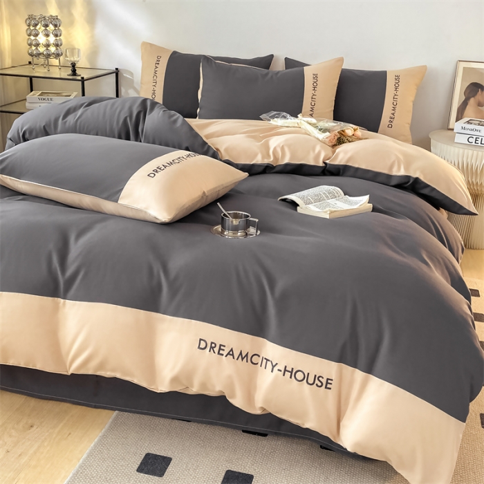 91家纺网 家纺一手货源 找家纺 盛秋家纺 2025新款思雅系列水洗磨毛双拼刺绣四件套 思雅-高级灰+奶茶