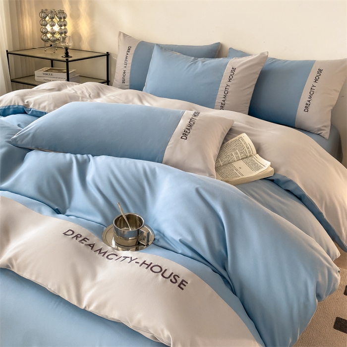 91家纺网 家纺一手货源 找家纺 盛秋家纺 2025新款思雅系列水洗磨毛双拼刺绣四件套 思雅-清+山灰