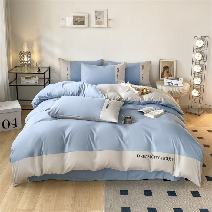 91家纺网 家纺一手货源 找家纺 盛秋家纺 2025新款思雅系列水洗磨毛双拼刺绣四件套 思雅-清+山灰