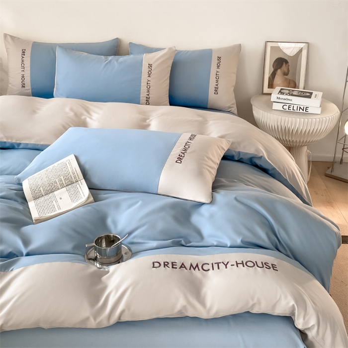 91家纺网 家纺一手货源 找家纺 盛秋家纺 2025新款思雅系列水洗磨毛双拼刺绣四件套 思雅-清+山灰