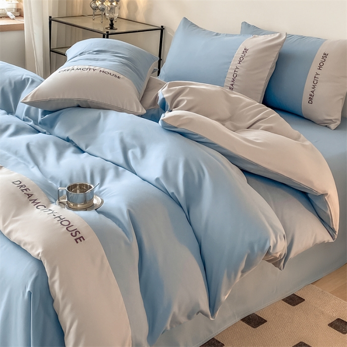 91家纺网 家纺一手货源 找家纺 盛秋家纺 2025新款思雅系列水洗磨毛双拼刺绣四件套 思雅-清+山灰