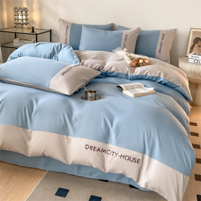 91家纺网 家纺一手货源 找家纺 盛秋家纺 2025新款思雅系列水洗磨毛双拼刺绣四件套 思雅-清+山灰