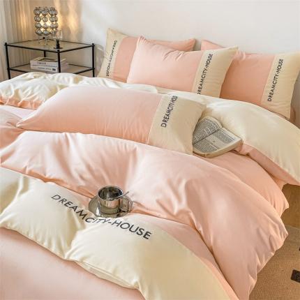 盛秋家纺 2025新款思雅系列水洗磨毛双拼刺绣四件套 思雅-奶油粉+奶昔白