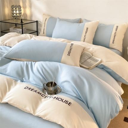 盛秋家纺 2025新款思雅系列水洗磨毛双拼刺绣四件套 思雅-天空蓝+奶昔白