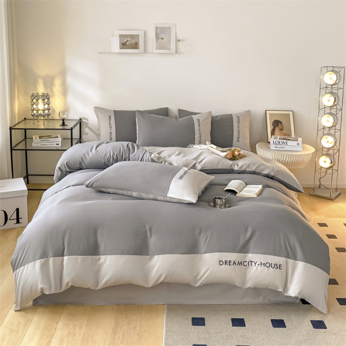 91家纺网 家纺一手货源 找家纺 盛秋家纺 2025新款思雅系列水洗磨毛双拼刺绣四件套 思雅-中灰+山灰