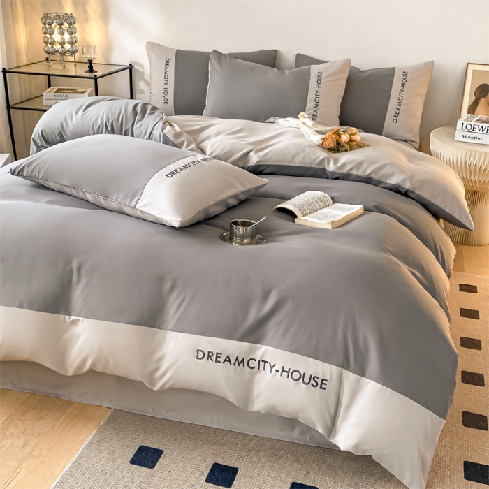 91家纺网 家纺一手货源 找家纺 盛秋家纺 2025新款思雅系列水洗磨毛双拼刺绣四件套 思雅-中灰+山灰