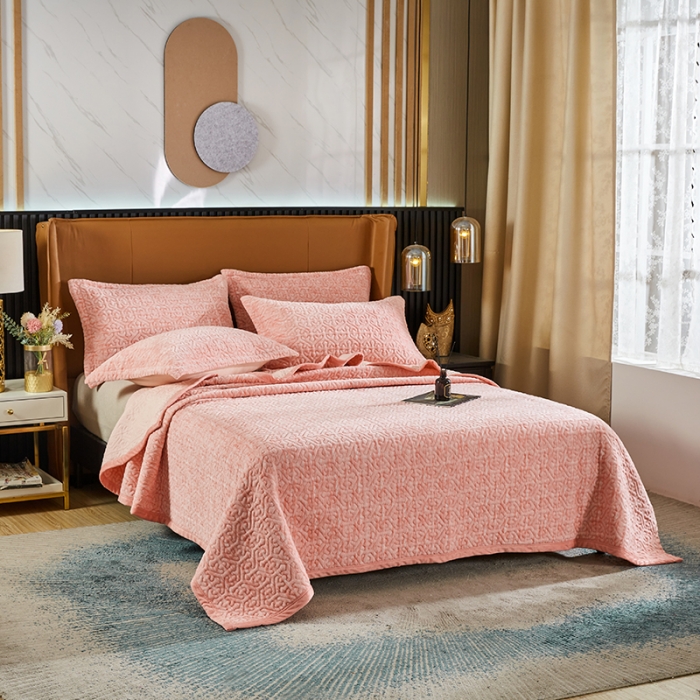 91家纺网 家纺一手货源 找家纺 佳梦家纺 2023新款冬季色织绗缝床盖榻榻米垫子牛奶绒毛毯 粉玉