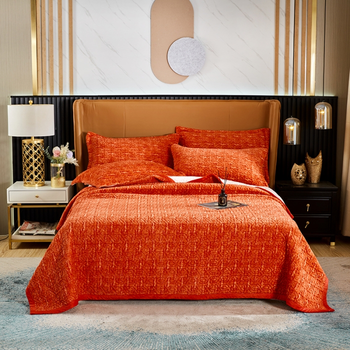 91家纺网 家纺一手货源 找家纺 佳梦家纺 2023新款冬季色织绗缝床盖榻榻米垫子牛奶绒毛毯 橘红