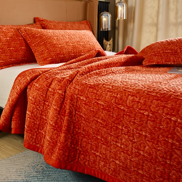91家纺网 家纺一手货源 找家纺 佳梦家纺 2023新款冬季色织绗缝床盖榻榻米垫子牛奶绒毛毯 橘红