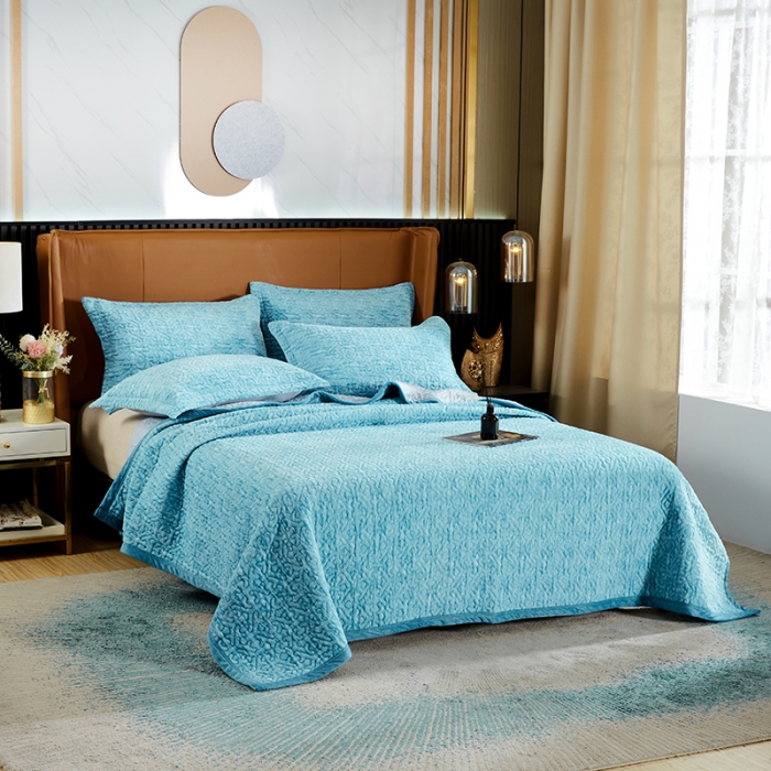 91家纺网 家纺一手货源 找家纺 佳梦家纺 2023新款冬季色织绗缝床盖榻榻米垫子牛奶绒毛毯 蓝色