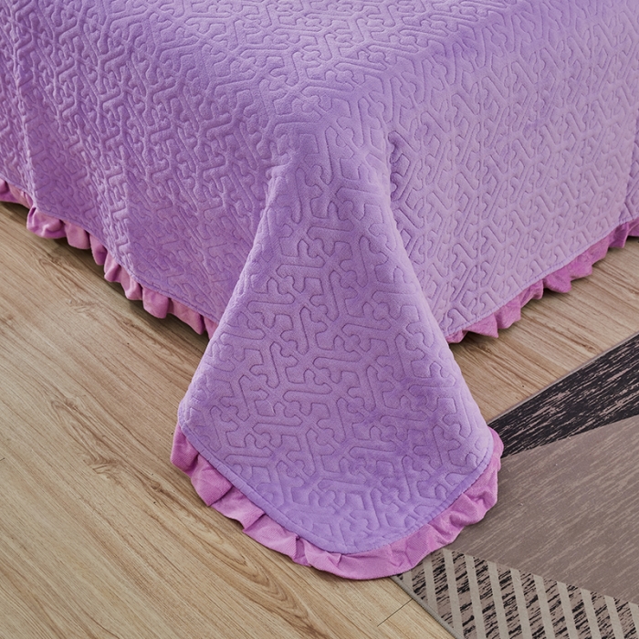 91家纺网 家纺一手货源 找家纺 佳梦家纺 牛奶绒纯色花边床盖绗缝夹棉绒毯三件套榻榻米席梦思床垫子 紫色