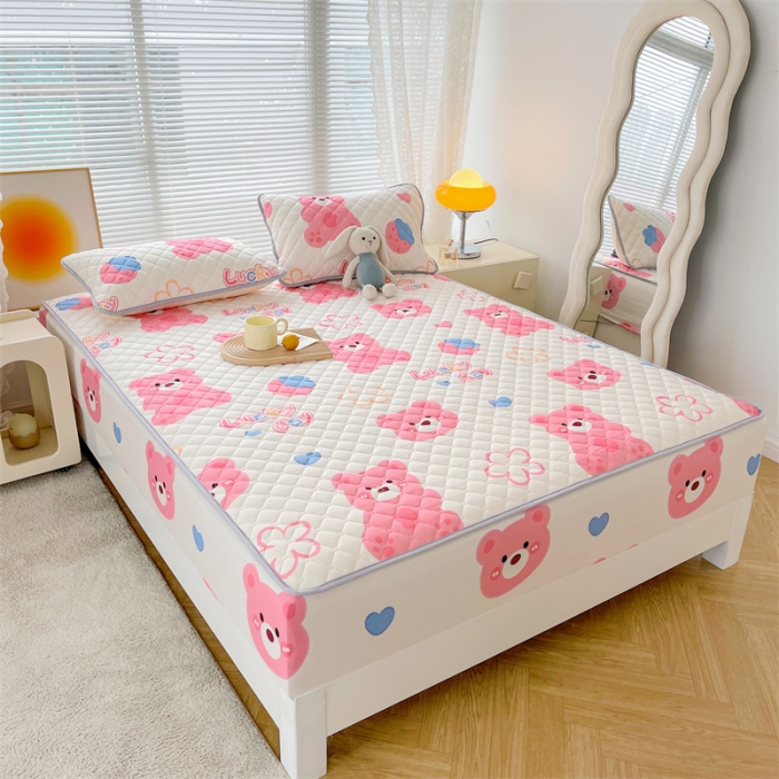 91家纺网 家纺一手货源 找家纺 【高克重加厚】雯豆 新品磨毛夹棉床笠印花水洗棉床笠三件套床垫保护罩 调皮熊-粉