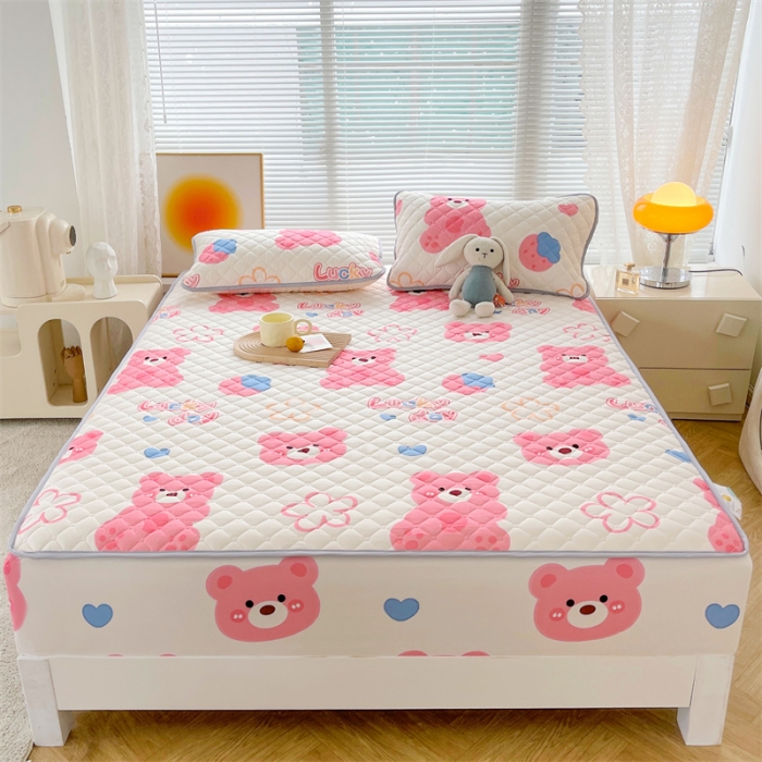 91家纺网 家纺一手货源 找家纺 【高克重加厚】雯豆 新品磨毛夹棉床笠印花水洗棉床笠三件套床垫保护罩 调皮熊-粉