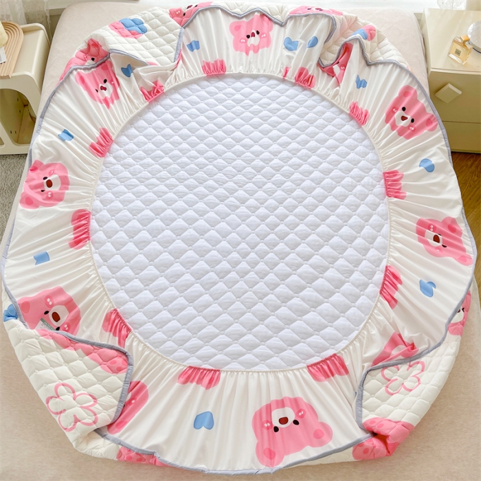 91家纺网 家纺一手货源 找家纺 【高克重加厚】雯豆 新品磨毛夹棉床笠印花水洗棉床笠三件套床垫保护罩 调皮熊-粉