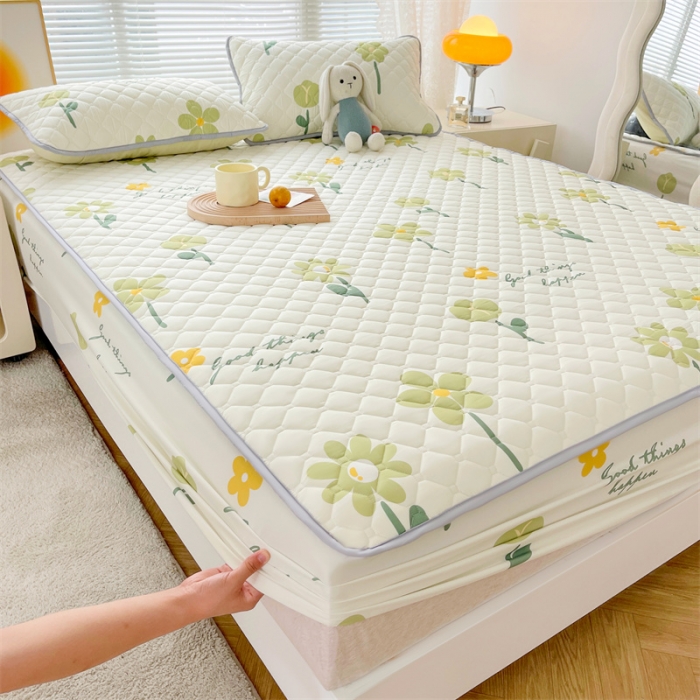 91家纺网 家纺一手货源 找家纺 【高克重加厚】雯豆 新品磨毛夹棉床笠印花水洗棉床笠三件套床垫保护罩 花卉乐园