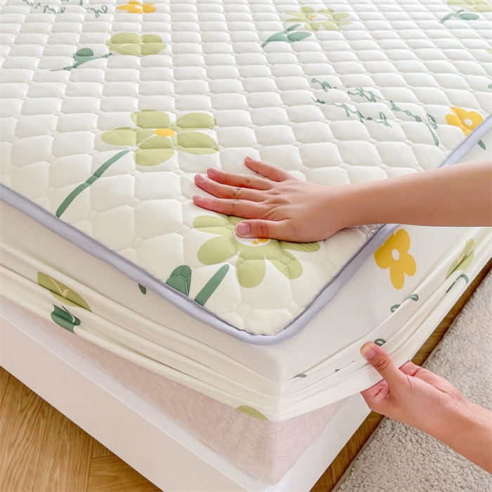 91家纺网 家纺一手货源 找家纺 【高克重加厚】雯豆 新品磨毛夹棉床笠印花水洗棉床笠三件套床垫保护罩 花卉乐园