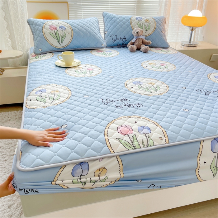 91家纺网 家纺一手货源 找家纺 【高克重加厚】雯豆 新品磨毛夹棉床笠印花水洗棉床笠三件套床垫保护罩 蓝色恋人