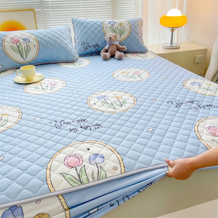 91家纺网 家纺一手货源 找家纺 【高克重加厚】雯豆 新品磨毛夹棉床笠印花水洗棉床笠三件套床垫保护罩 蓝色恋人