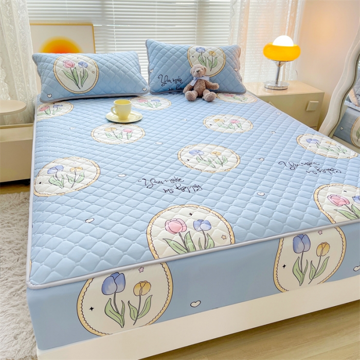 91家纺网 家纺一手货源 找家纺 【高克重加厚】雯豆 新品磨毛夹棉床笠印花水洗棉床笠三件套床垫保护罩 蓝色恋人