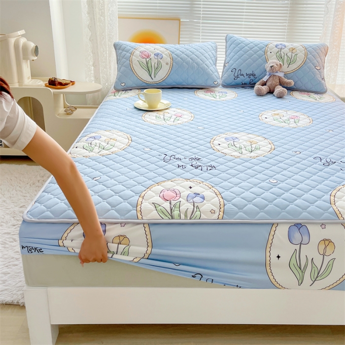 91家纺网 家纺一手货源 找家纺 【高克重加厚】雯豆 新品磨毛夹棉床笠印花水洗棉床笠三件套床垫保护罩 蓝色恋人