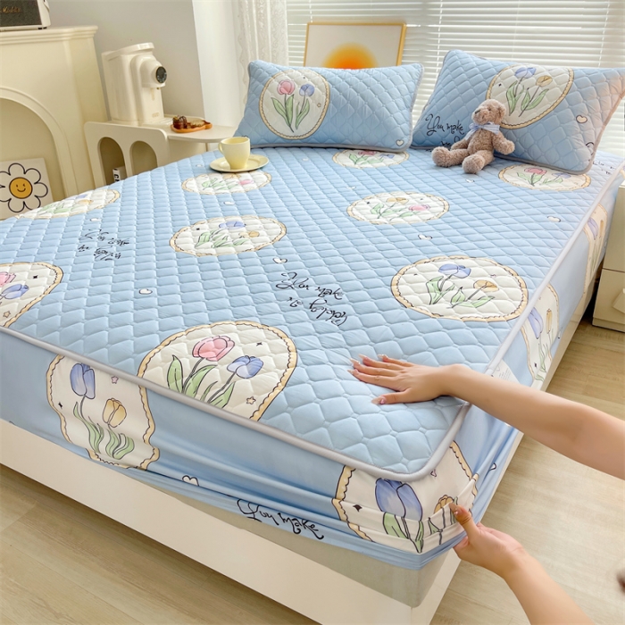 91家纺网 家纺一手货源 找家纺 【高克重加厚】雯豆 新品磨毛夹棉床笠印花水洗棉床笠三件套床垫保护罩 蓝色恋人