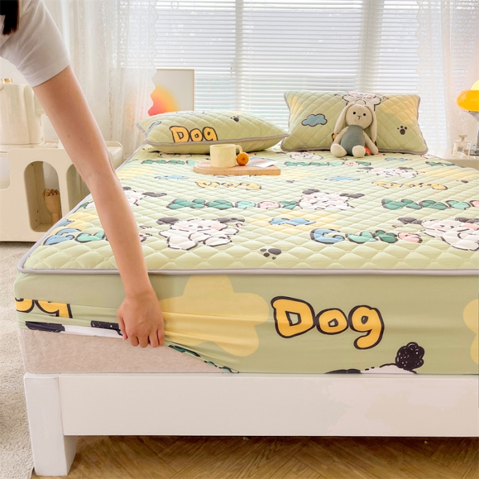 91家纺网 家纺一手货源 找家纺 【高克重加厚】雯豆 新品磨毛夹棉床笠印花水洗棉床笠三件套床垫保护罩 字母狗