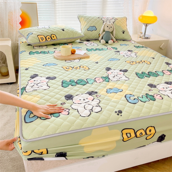 91家纺网 家纺一手货源 找家纺 【高克重加厚】雯豆 新品磨毛夹棉床笠印花水洗棉床笠三件套床垫保护罩 字母狗