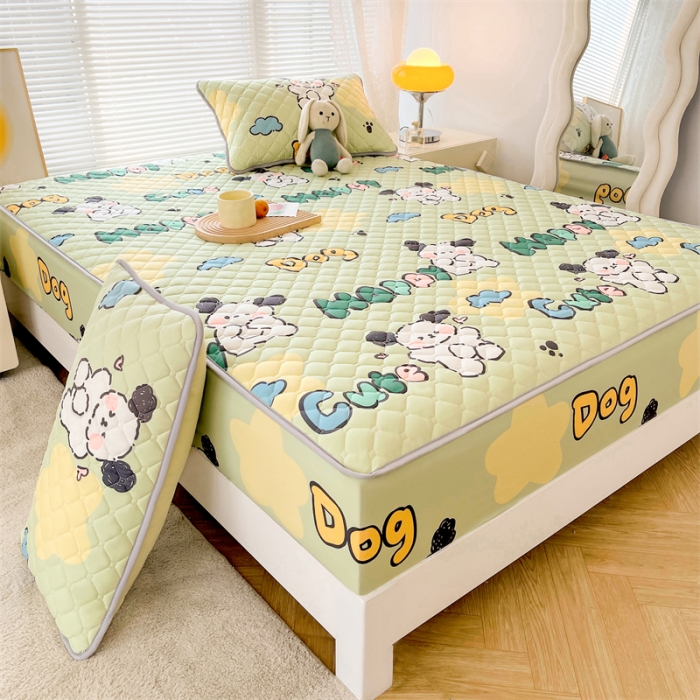 91家纺网 家纺一手货源 找家纺 【高克重加厚】雯豆 新品磨毛夹棉床笠印花水洗棉床笠三件套床垫保护罩 字母狗