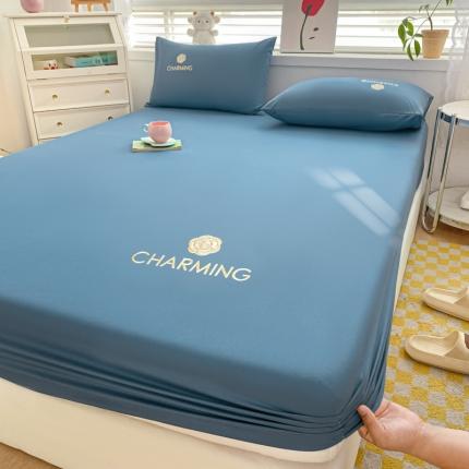 91家纺网 家纺一手货源 找家纺 暖季 2025新款40长绒棉刺绣款单床笠山茶花系列 山茶花-宾利蓝