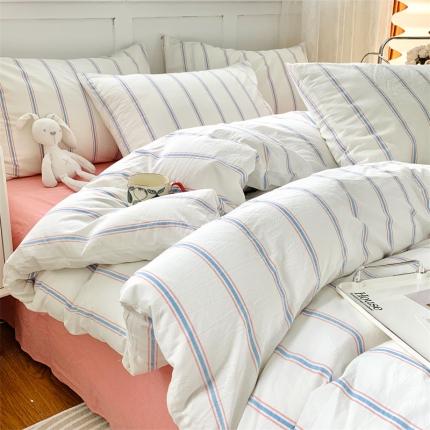 91家纺网 家纺一手货源 找家纺 莱茵家居 2024新款色织水洗棉小小系列四件套 浅小蓝