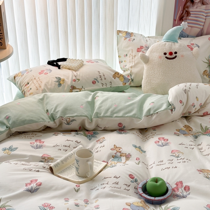 91家纺网 家纺一手货源 找家纺 昔可 2023新款全棉四件套-第五批 春日采花小兔