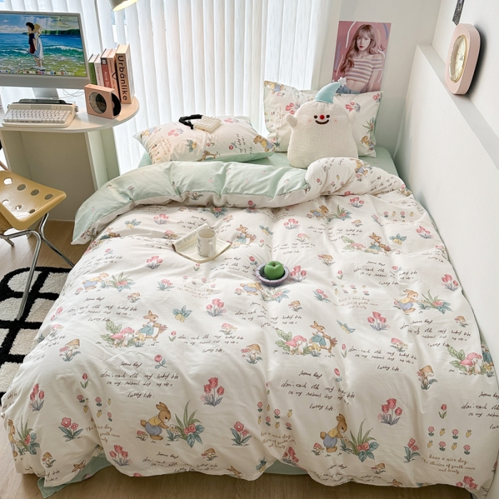 91家纺网 家纺一手货源 找家纺 昔可 2023新款全棉四件套-第五批 春日采花小兔