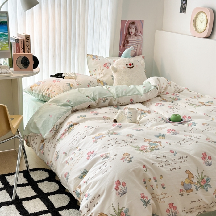 91家纺网 家纺一手货源 找家纺 昔可 2023新款全棉四件套-第五批 春日采花小兔